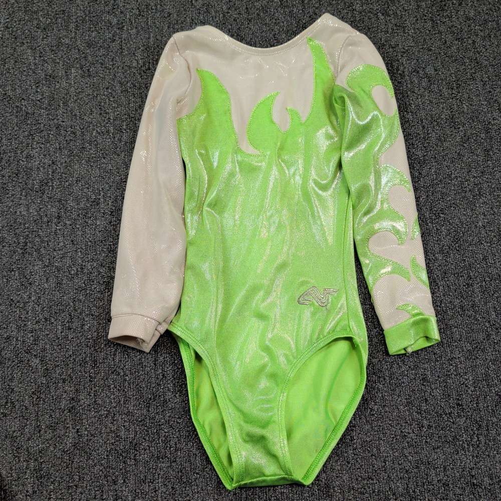 Alpha Factor Y2K Gymnastics Leotard Child M Green Metallic Flame Long Sleeve